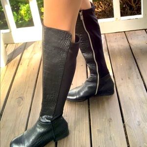 Leather animal skin texture knee high boots